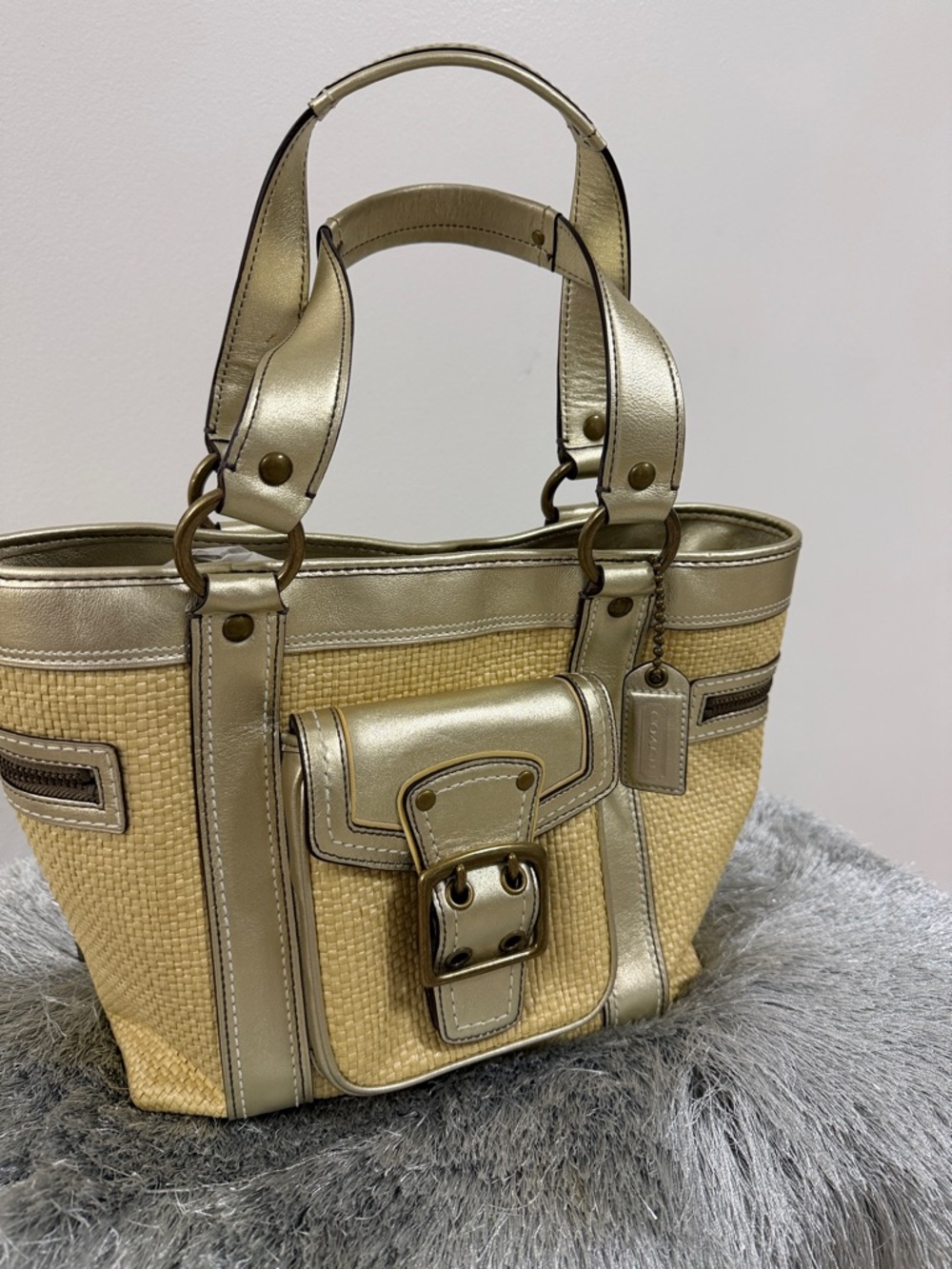 Coach Gold Trim Straw Tote with Front Buckle Pocket - Picture 4 of 4